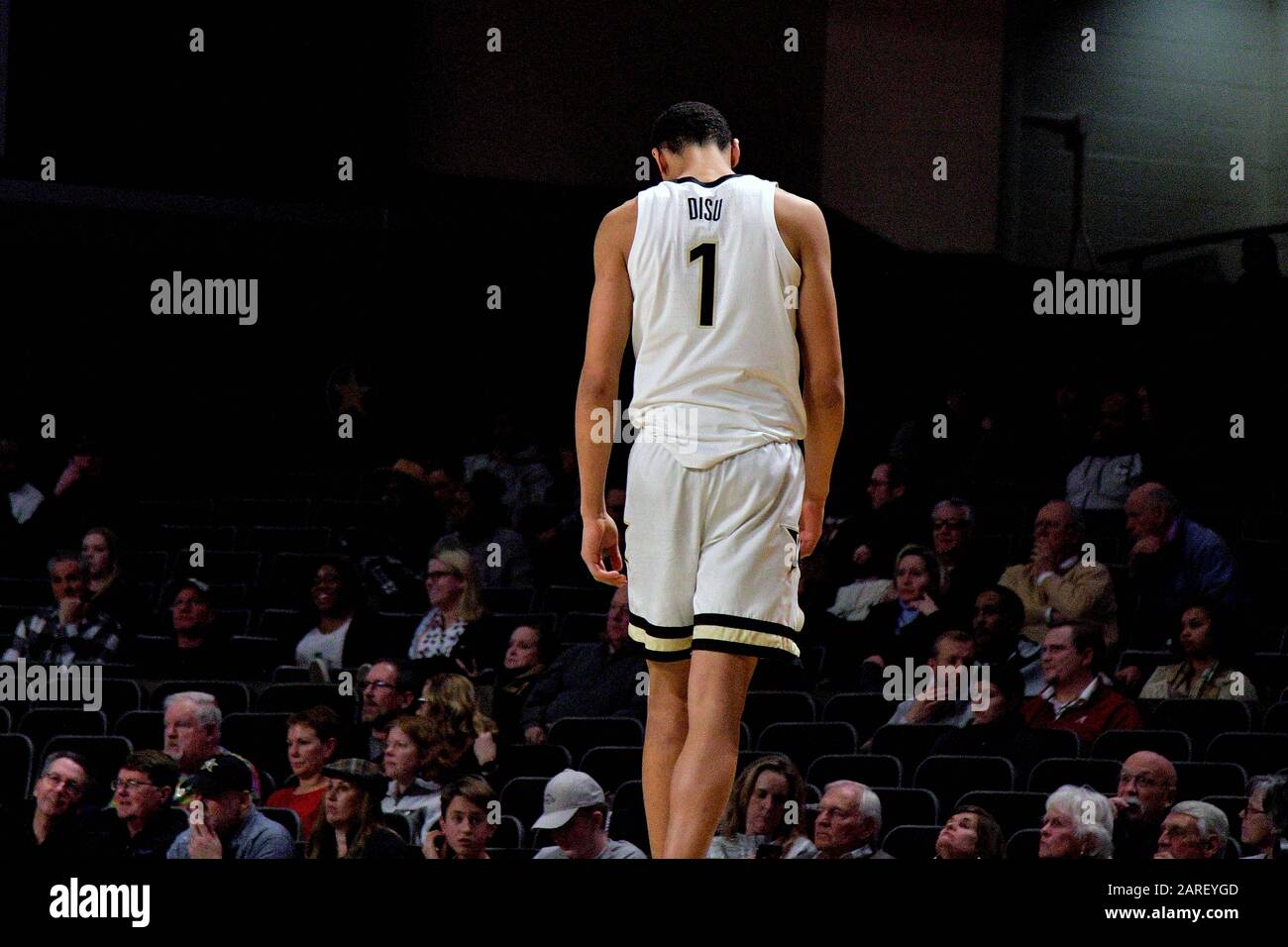 Vanderbilt Commodores forward Dylan Disu (1) reacts during the second half of an NCAA SEC basketball game against the Alabama Crimson Tide at Memorial Gym. Alabama won 77-62. Wednesday, Jan 22, 2020, in Nashville. Alabama defeated Vanderbilt 77-62. (Photo by IOS/ESPA-Images) Stock Photo