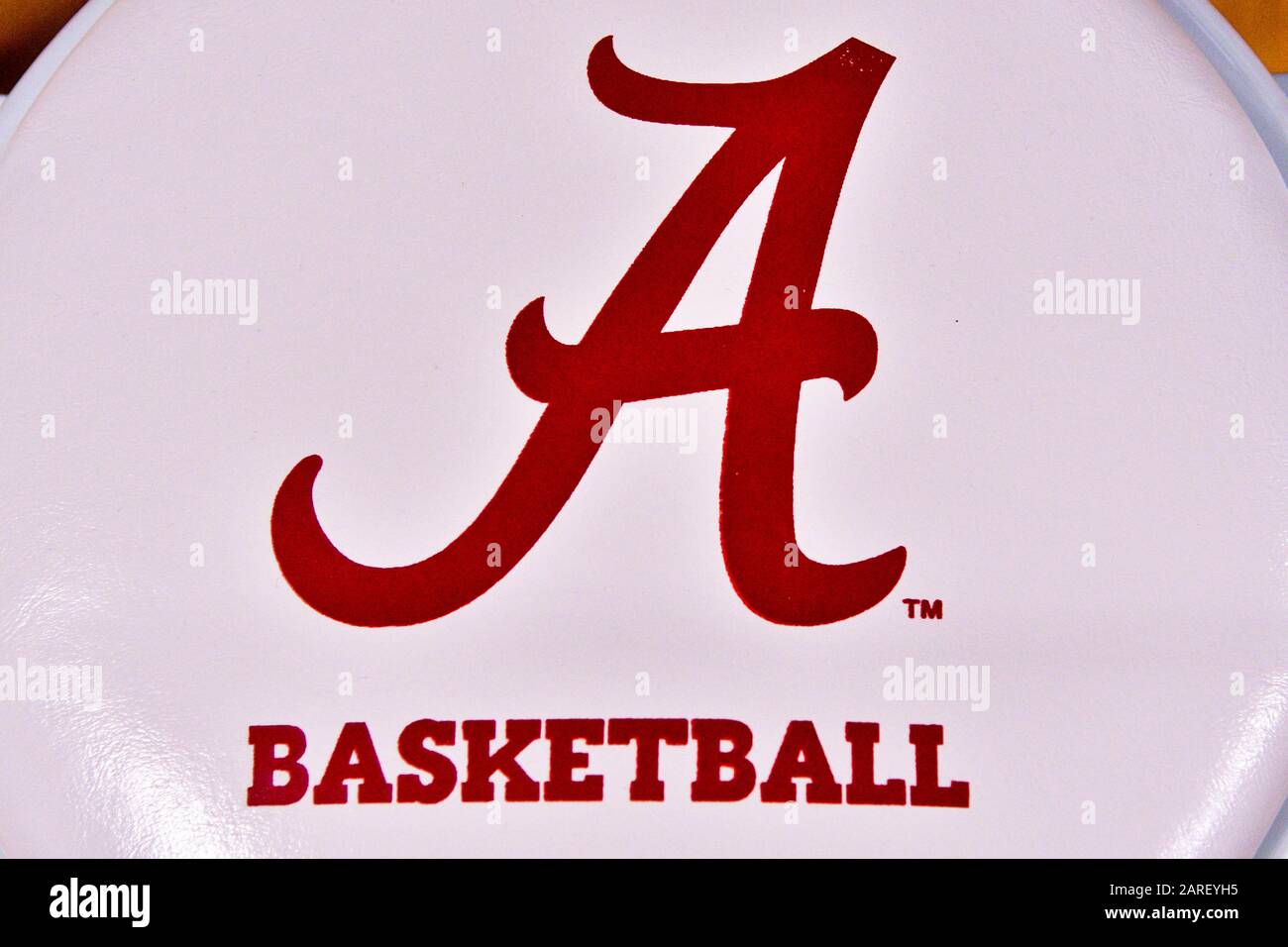 An Alabama Crimson Tide logo court side on a seat prior to an NCAA SEC basketball game between the Vanderbilt Commodores and the Alabama Crimson Tide at Memorial Gym. Wednesday, Jan 22, 2020, in Nashville. (Photo by IOS/ESPA-Images) Stock Photo