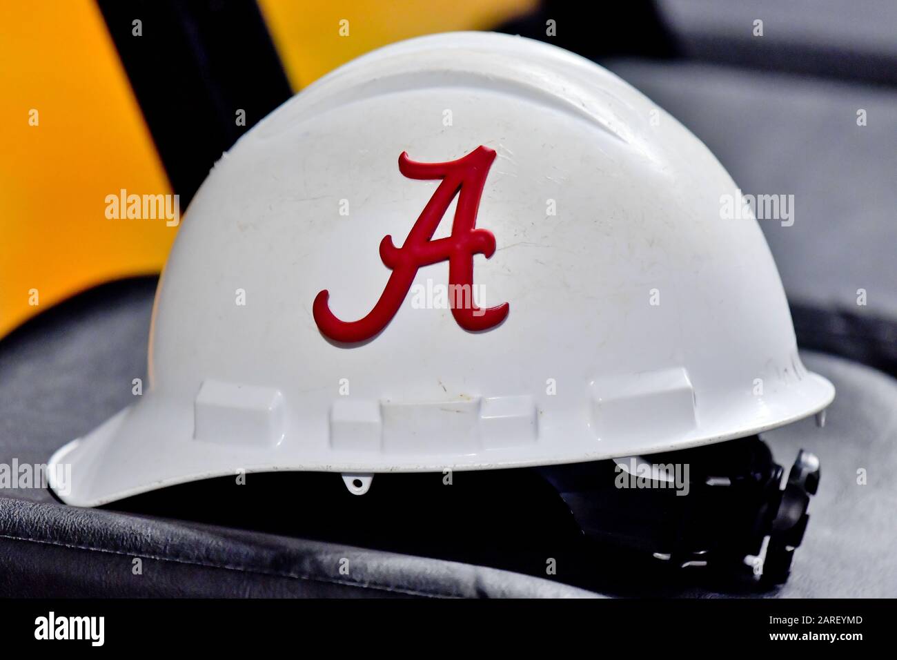 An Alabama Crimson Tide logo court side on a hard hat prior to an NCAA SEC basketball game between the Vanderbilt Commodores and the Alabama Crimson Tide at Memorial Gym. Wednesday, Jan 22, 2020, in Nashville. (Photo by IOS/ESPA-Images) Stock Photo
