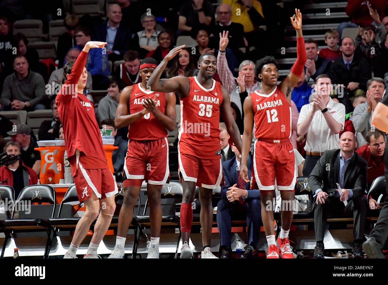 Alabama Crimson Tide bench reacts during the first half against the Vanderbilt Commodores of an NCAA SEC basketball game at Memorial Gym. Wednesday, Jan 22, 2020, in Nashville. Alabama defeated Vanderbilit 77-62. (Photo by IOS/ESPA-Images) Stock Photo