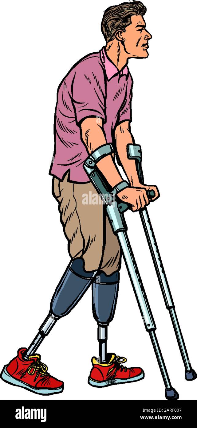 legless veteran with a bionic prosthesis with crutches. a disabled man learns to walk after an injury. rehabilitation treatment and recovery Stock Vector