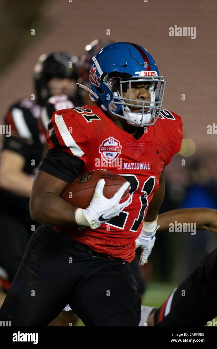 National team running back Scott Phillips (21) of  Mississippi runs the ball during the NFLPA Collegiate Bowl against the American team, Saturday, Jan. 18, 2020 at the Rose Bowl in Pasadena, California. (Photo by IOS/ESPA-Images) Stock Photo