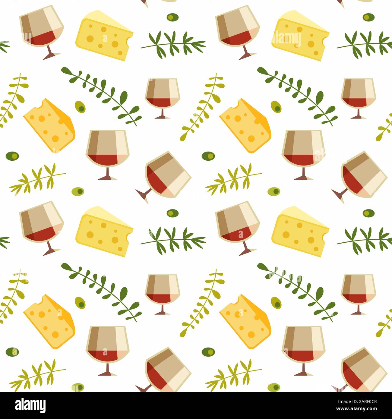 Red wine glass cheese flat vector seamless pattern Stock Vector