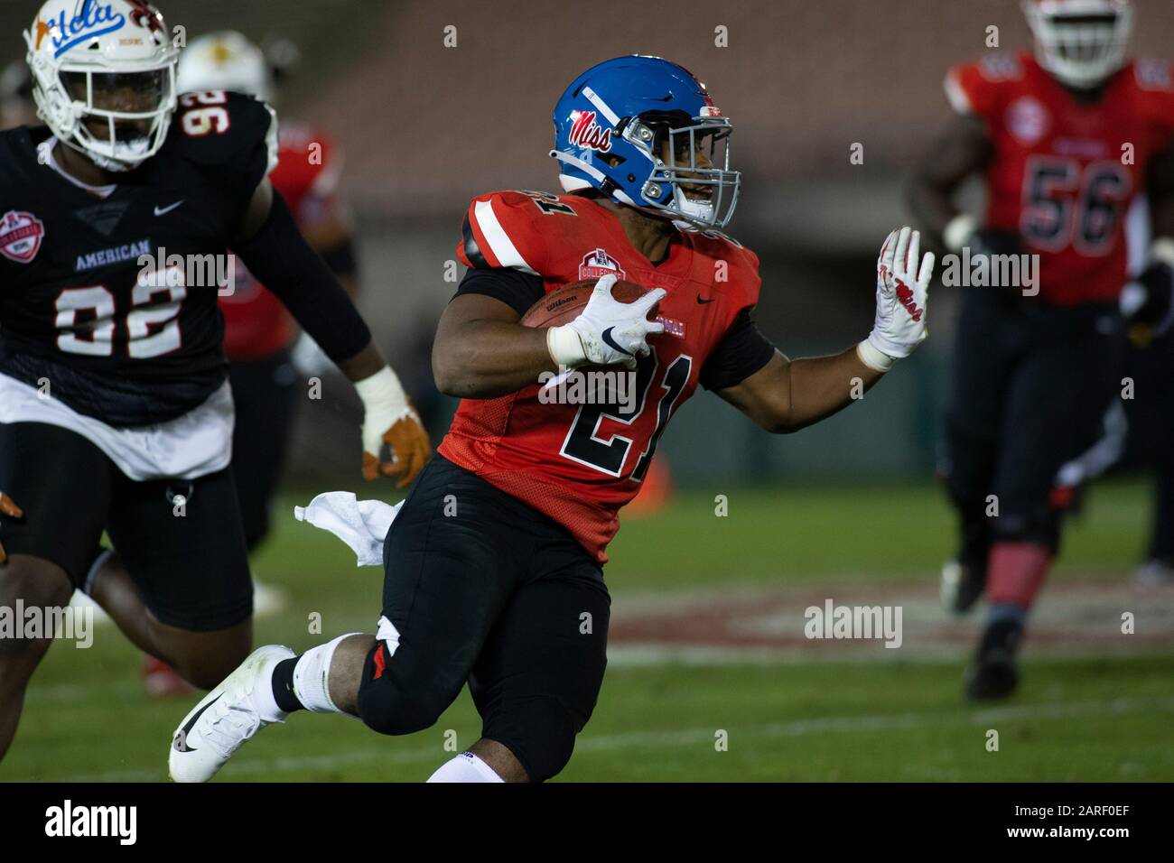 National team running back Scott Phillips (21) of  Mississippi runs the ball during the NFLPA Collegiate Bowl against the American team, Saturday, Jan. 18, 2020 at the Rose Bowl in Pasadena, California. (Photo by IOS/ESPA-Images) Stock Photo