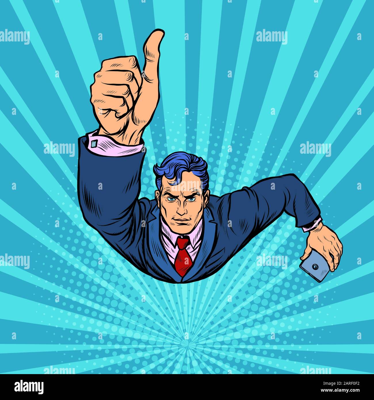 A businessman with a smartphone like, thumbs up. Flying like a superhero Stock Vector