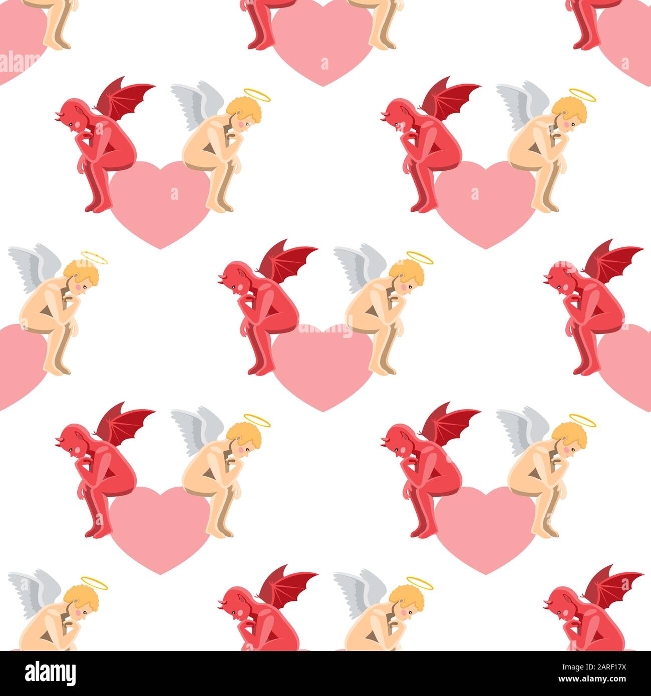 Seamless pattern of an angel demon sitting on a heart in a pensive pose on a white background. Vector image Stock Vector