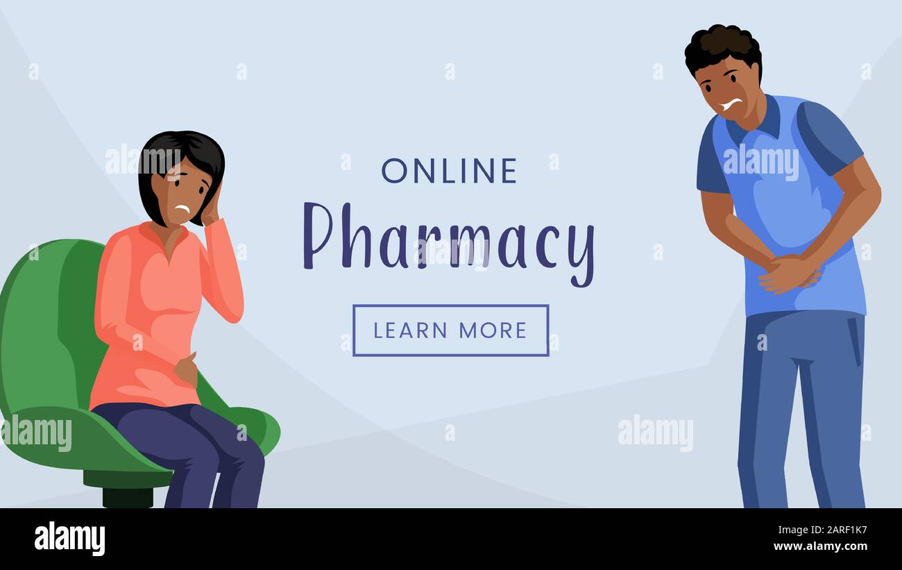 Online pharmacy web banner vector template. Internet drugstore, modern medical services advertising poster concept. People with headache and abdominal pain flat illustration with typography Stock Vector