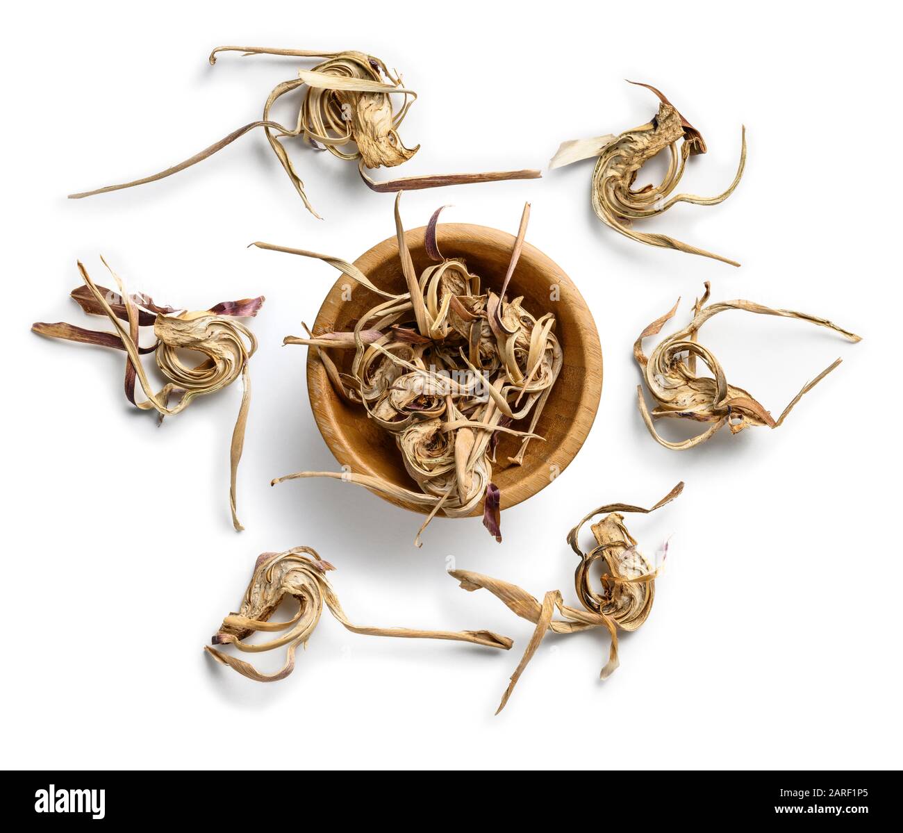 Dry artichoke flowers on a white background. The view from the top