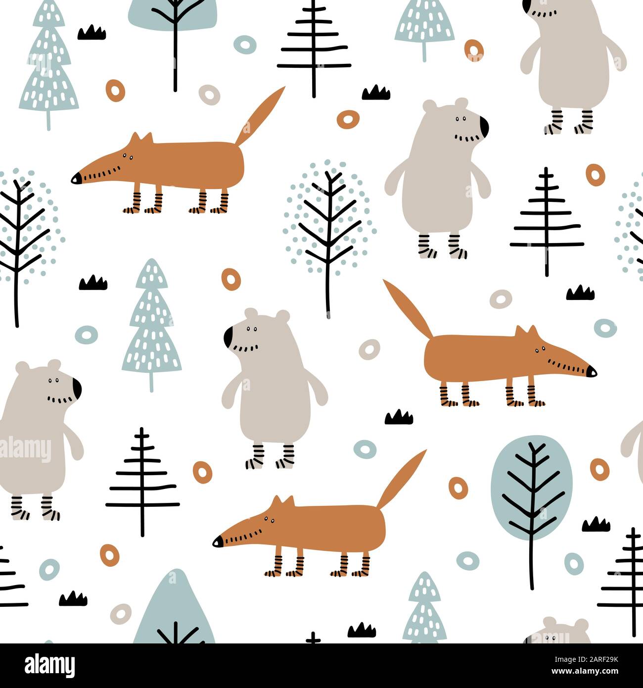 Seamless childish pattern with bear, fox in wood Stock Vector