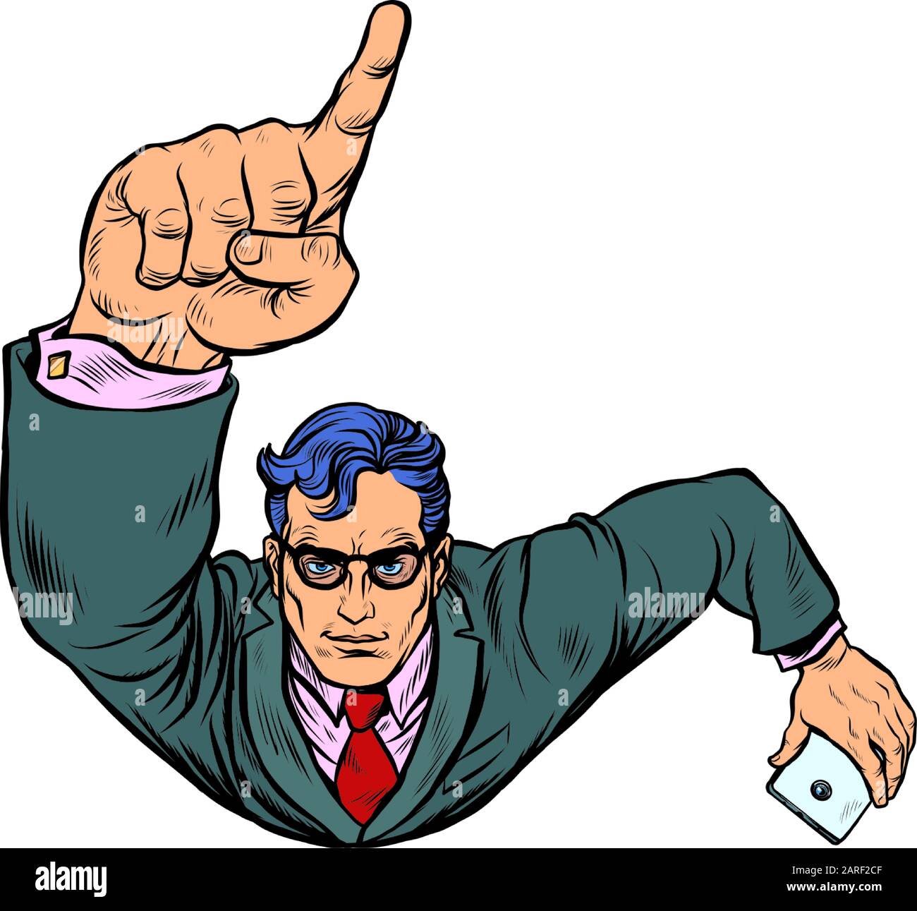 A businessman with a smartphone index finger up. Flying like a superhero Stock Vector