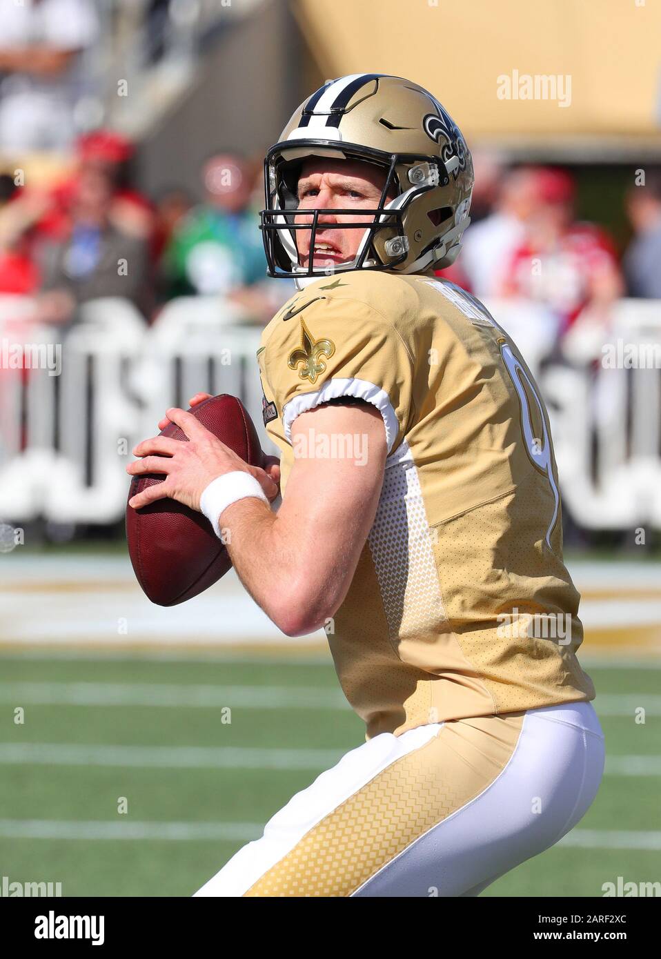 NFC quarterback Drew Brees of the New Orleans Saints (9) throws a pass  during the Pro Bowl, Sunday, Jan. 26, 2020, at Camping World Stadium in  Orlando, Florida. (Photo by IOS/ESPA-Images Stock