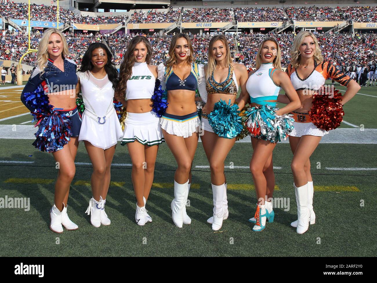 AFC cheerleaders pose during the Pro Bowl, Sunday, Jan. 26, 2020, at Camping World Stadium in  Orlando, Florida. (Photo by IOS/ESPA-Images) Stock Photo