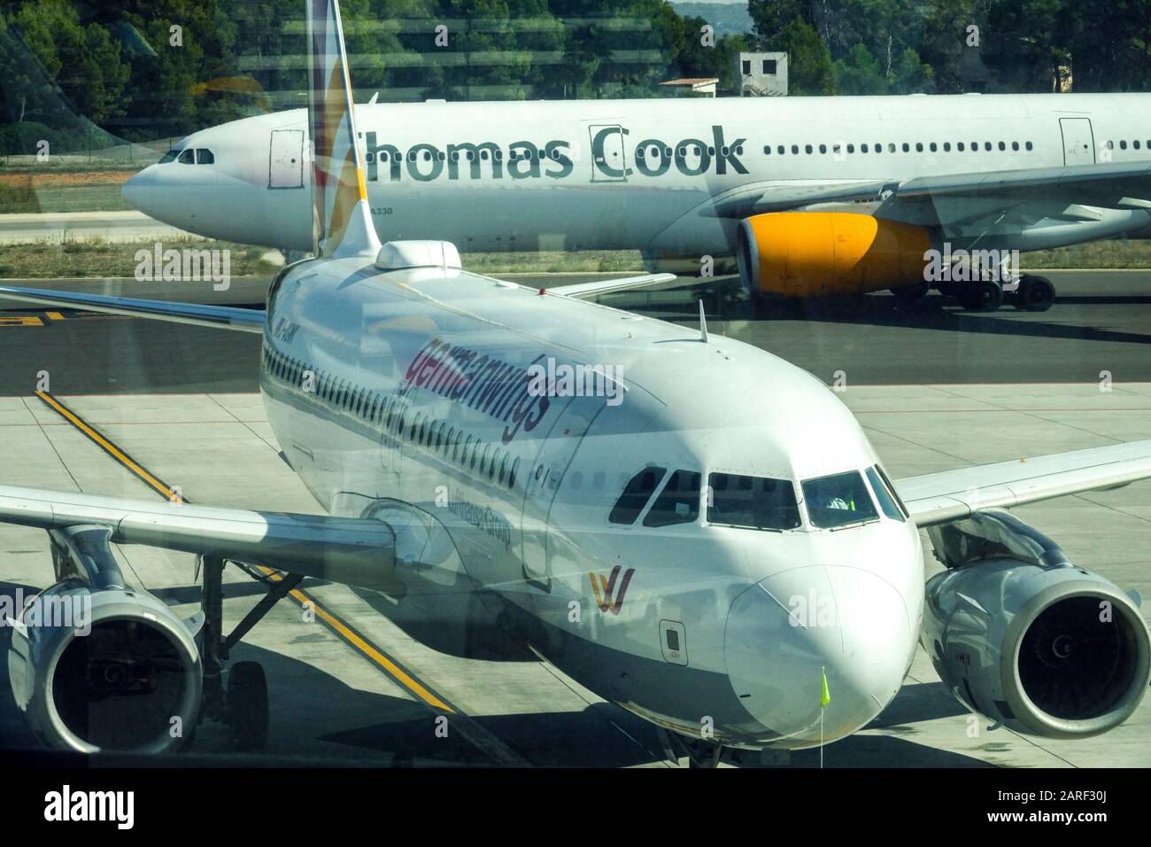 Thomas Cook plane on runway, airport Palma de Mallorca Spain Stock Photo