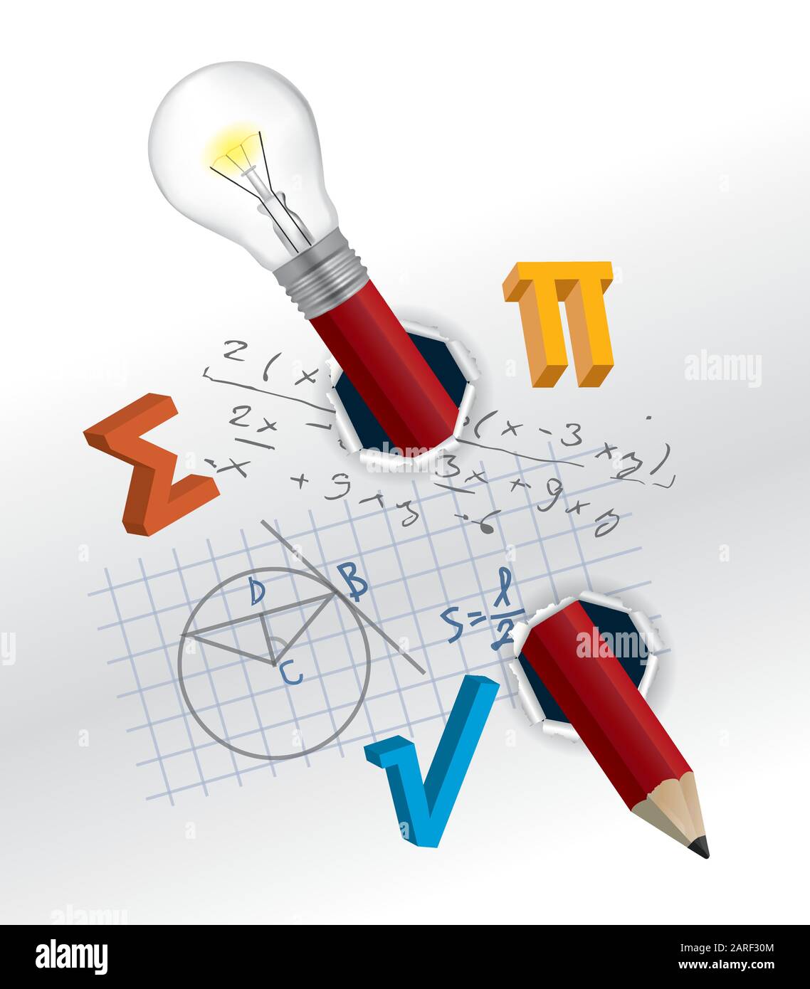 Playful mathematics concept. Torn paper with mathematics formulas and pencil.Vector available. Stock Vector