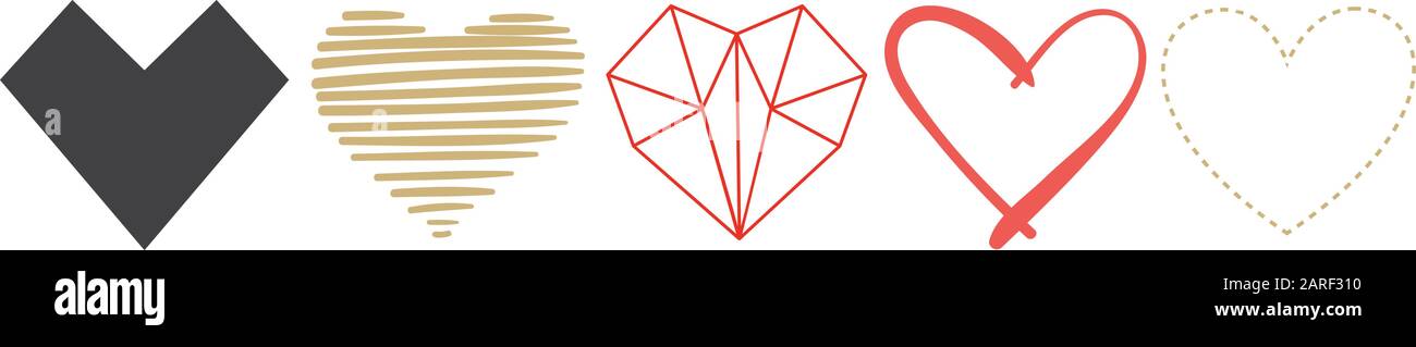 Flat hearts, vector set. Hand drawn elements for your Valentines Day Stock Vector