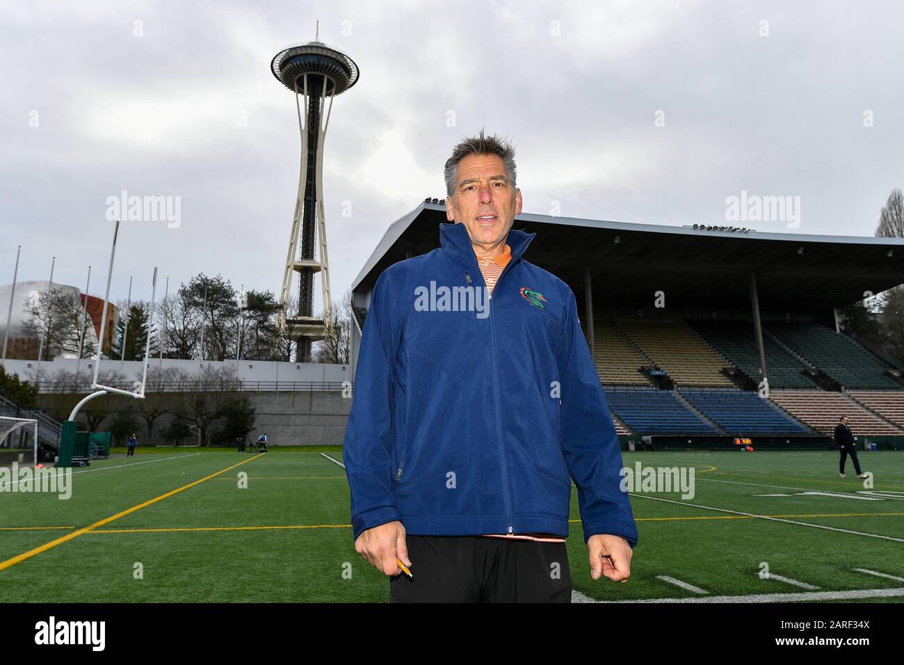 Seattle Dragons head coach Jim Zorn stands in Memorial Stadium after