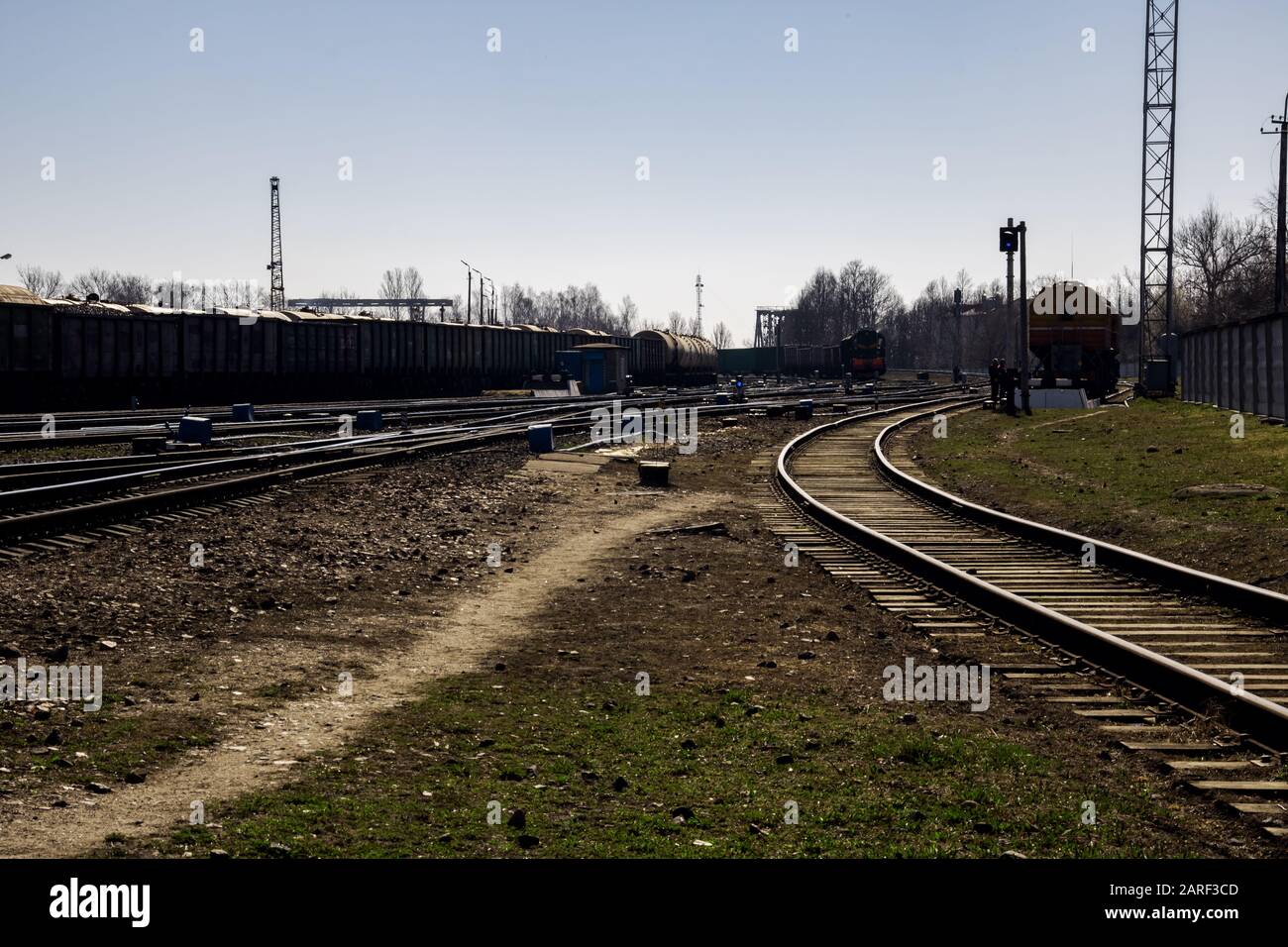 Many rail rails near the station and blue sky, railroad station Stock ...