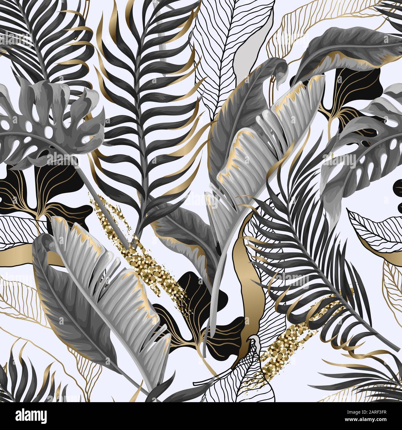 Seamless pattern with black and white tropical leaves and golden elements. Vector. Stock Vector