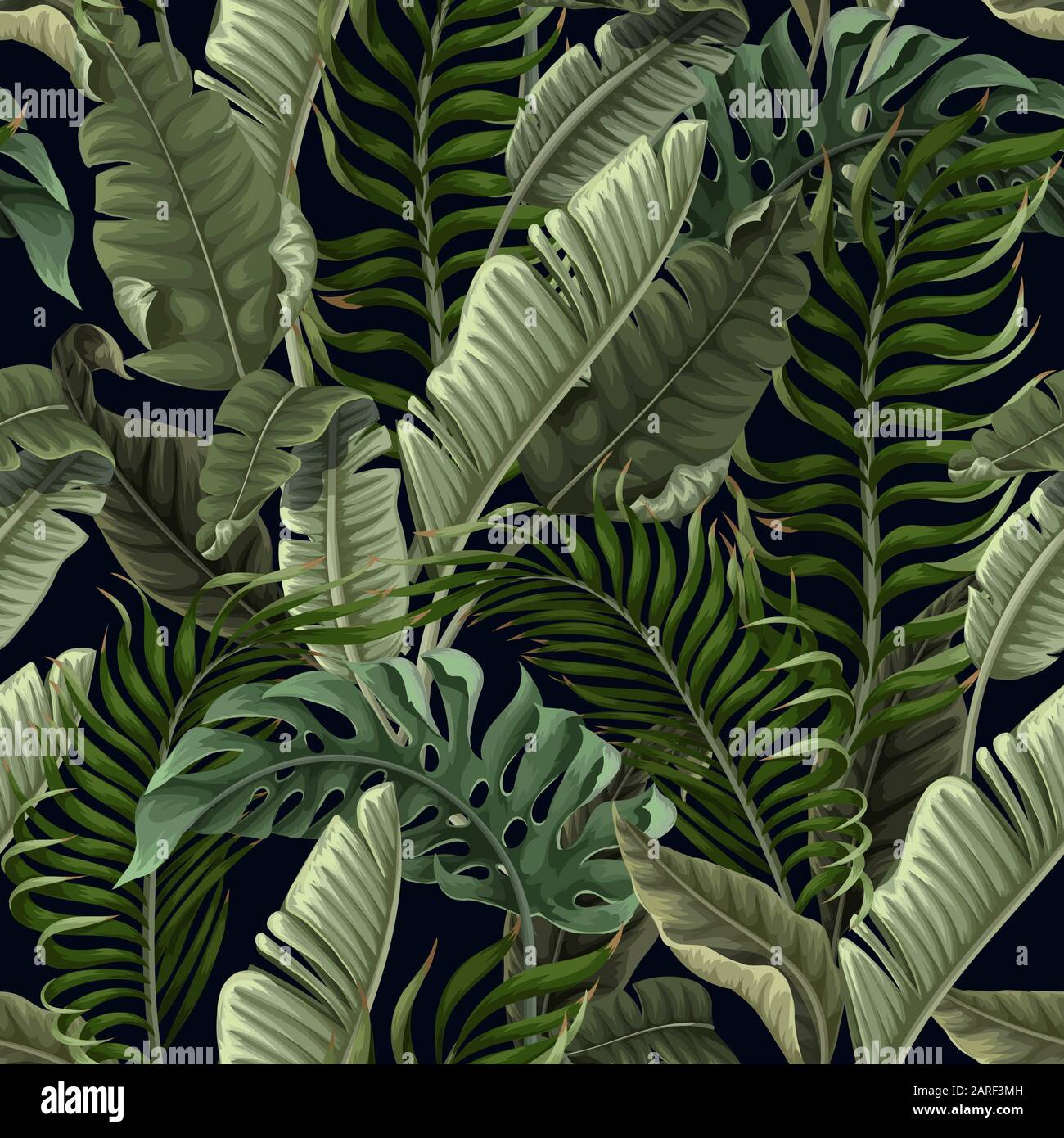 Seamless pattern with tropical leaves on black background. Vector Stock ...
