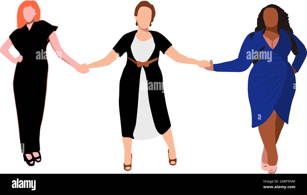 Happy women or girls standing together and holding hands.Flat cartoon characters isolated on white background. Vector illustration.Women's Day. Group Stock Vector