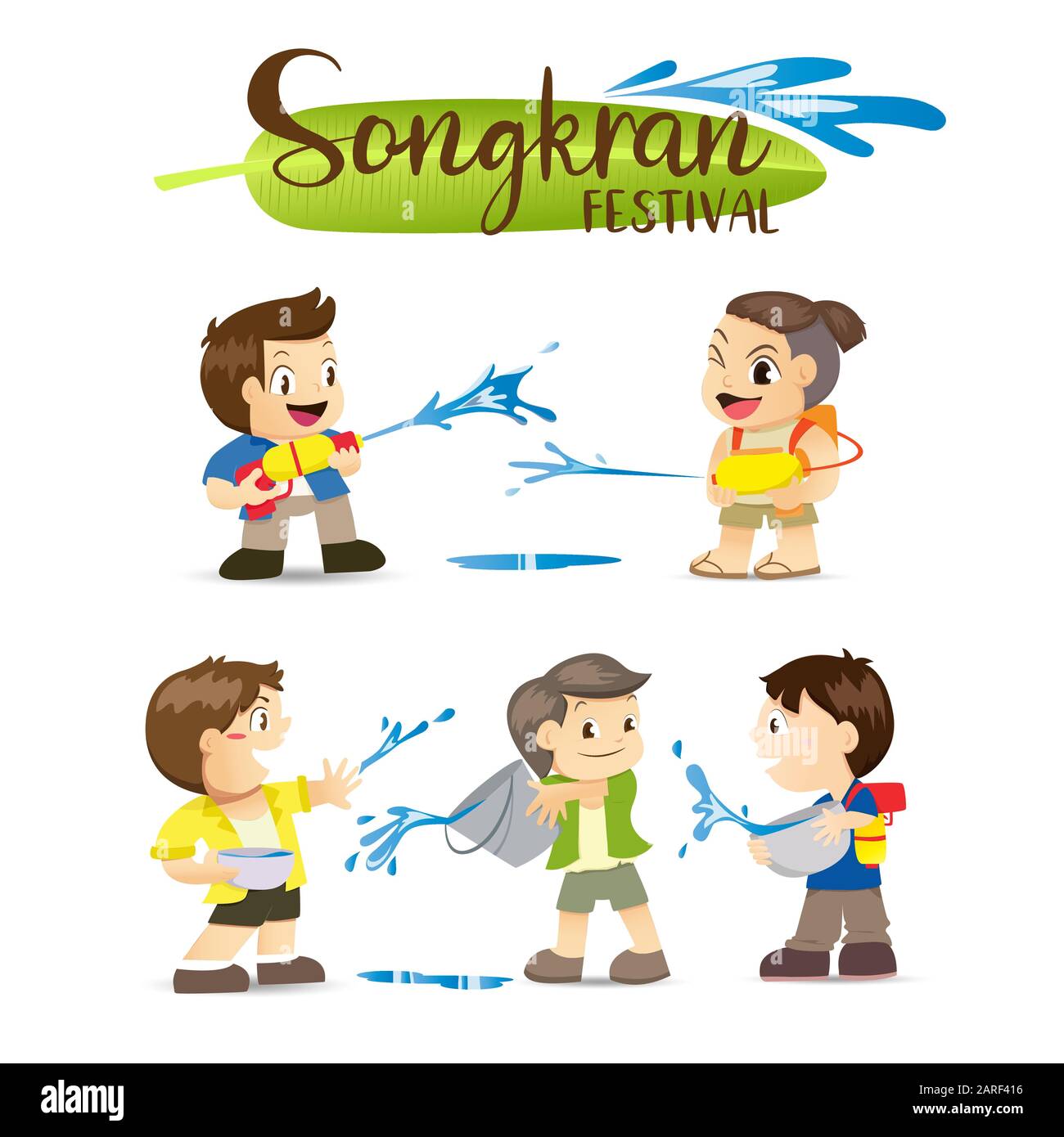 Songkran Festival, Thai New Year's national holiday, People spray water from water pistols and buckets. Stock Vector