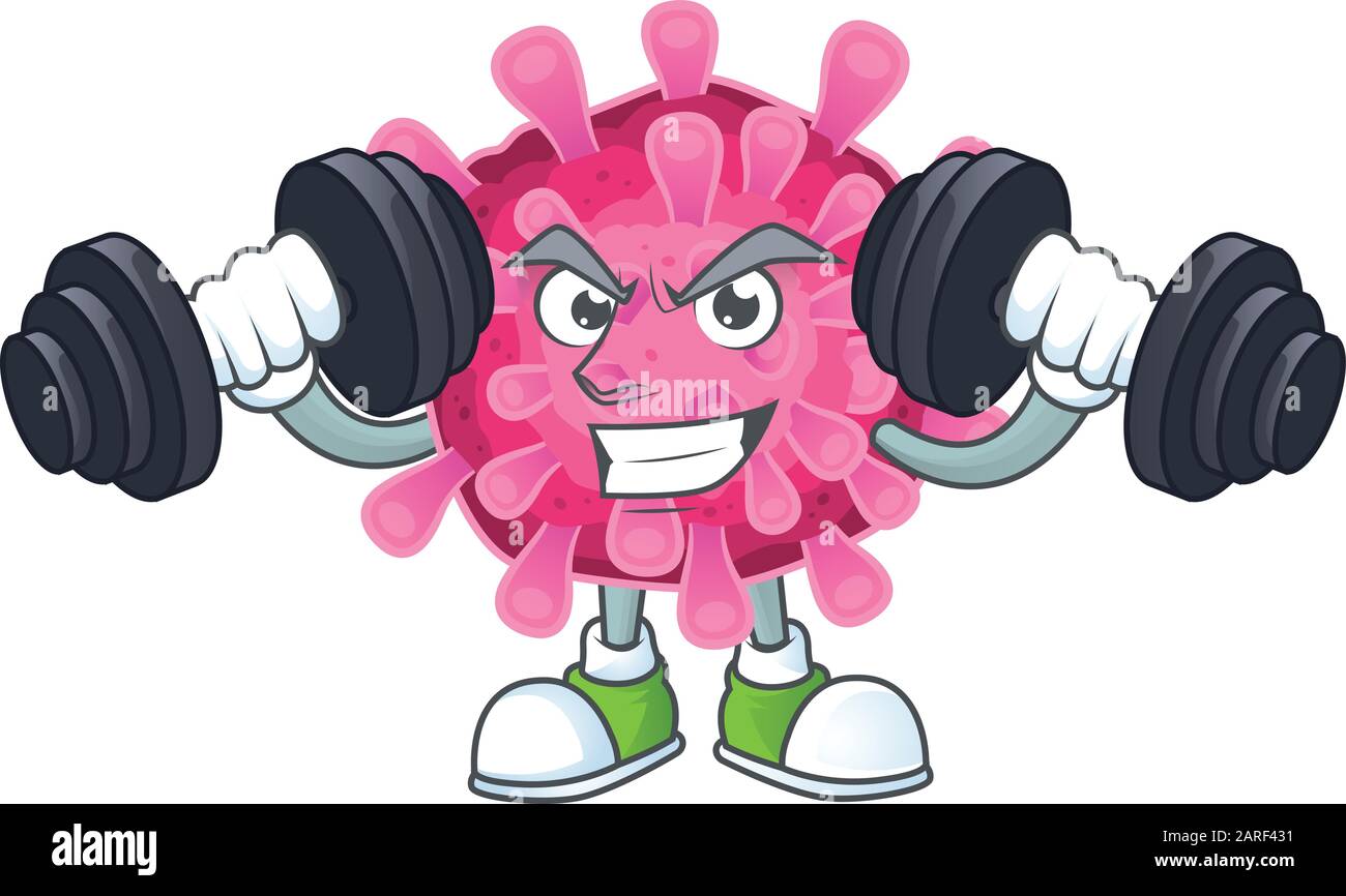 Fitness exercise corona virus mascot icon with barbells Stock Vector
