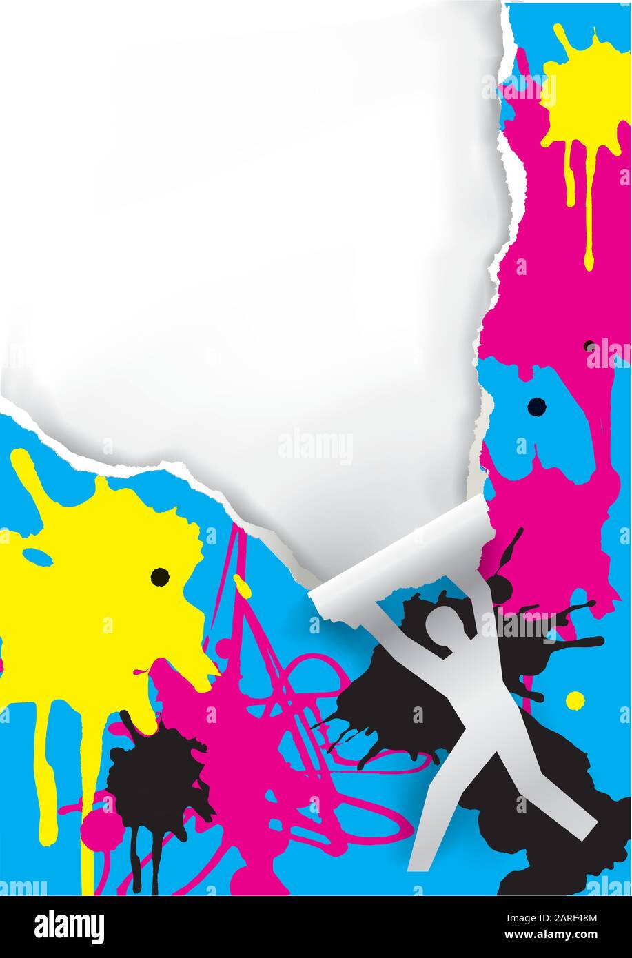 Male silhouettte with colorful splashes. Male silhouette ripped paper with ink splatters and with space for your text or image. Vector available. Stock Vector