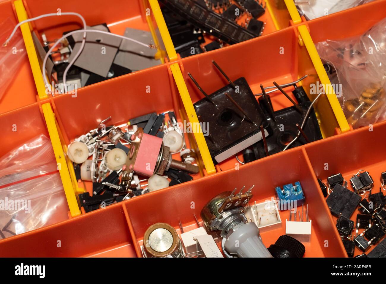 Plastic container with parts and spare parts Stock Photo