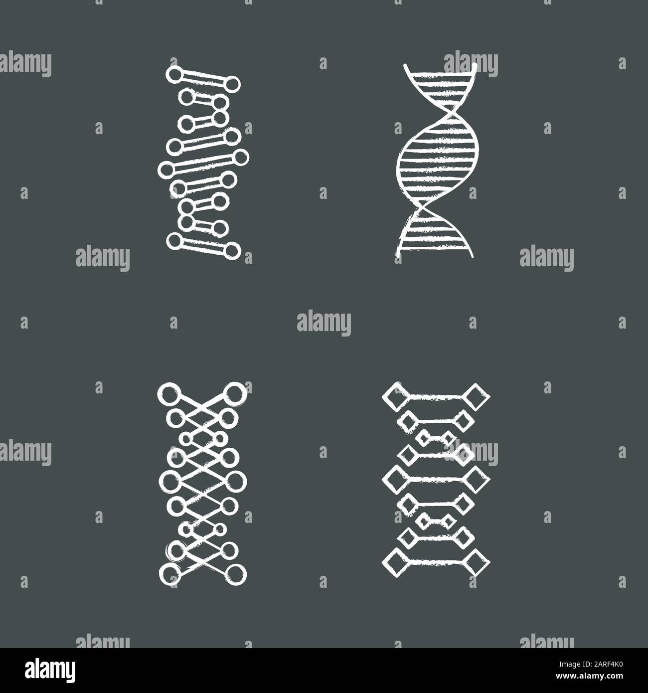 DNA chains chalk icons set. Deoxyribonucleic, nucleic acid helix. Spiraling strands. Chromosome. Molecular biology. Genetic code. Genome. Genetics. Me Stock Vector