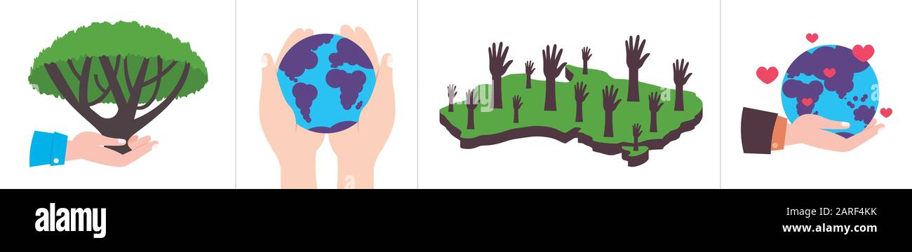 set human hands holding earth with nature love save planet pray for australia ecology environment concepts collection horizontal vector illustration Stock Vector