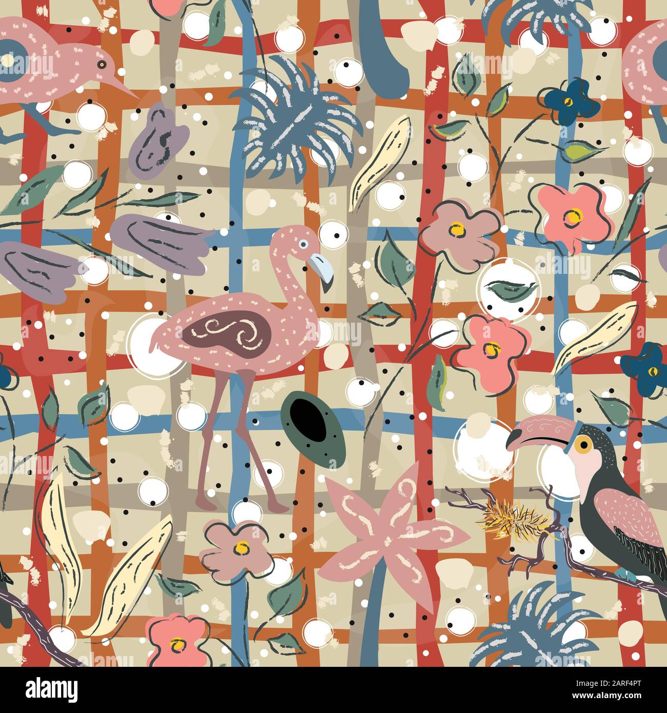 Flamingo, Toucan and kiwi bird. Exotic Bird Seamless Pattern. Vector ...