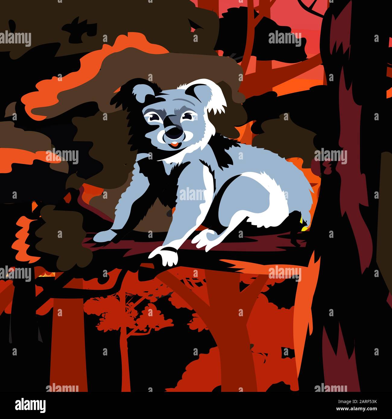 koala bear sitting on tree forest fires in australia animals dying in wildfire bushfire natural disaster concept intense orange flames vector illustration Stock Vector