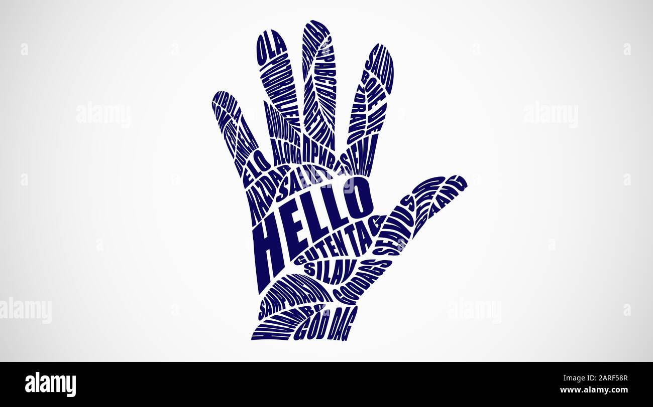 Hello Word In Different Languages Forming Hand Shape, Gray Background Stock Photo