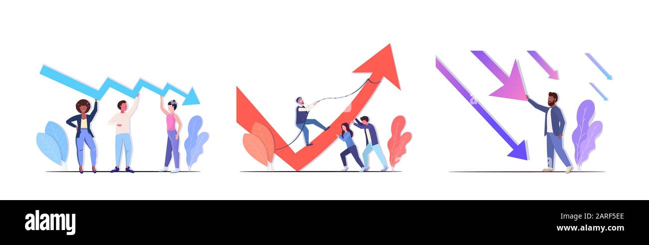 set businesspeople frustrated about economic arrow falling down ...