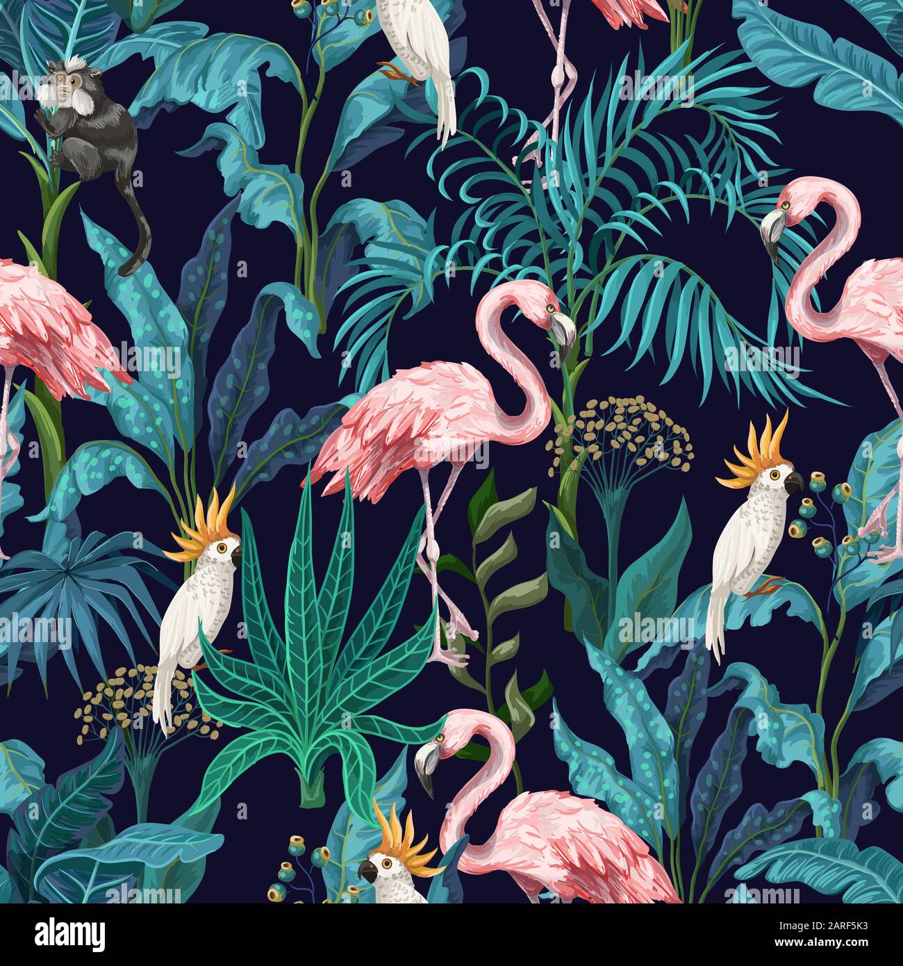 Seamless pattern with jungle trees, flamingo and parrots. Vector. Stock Vector
