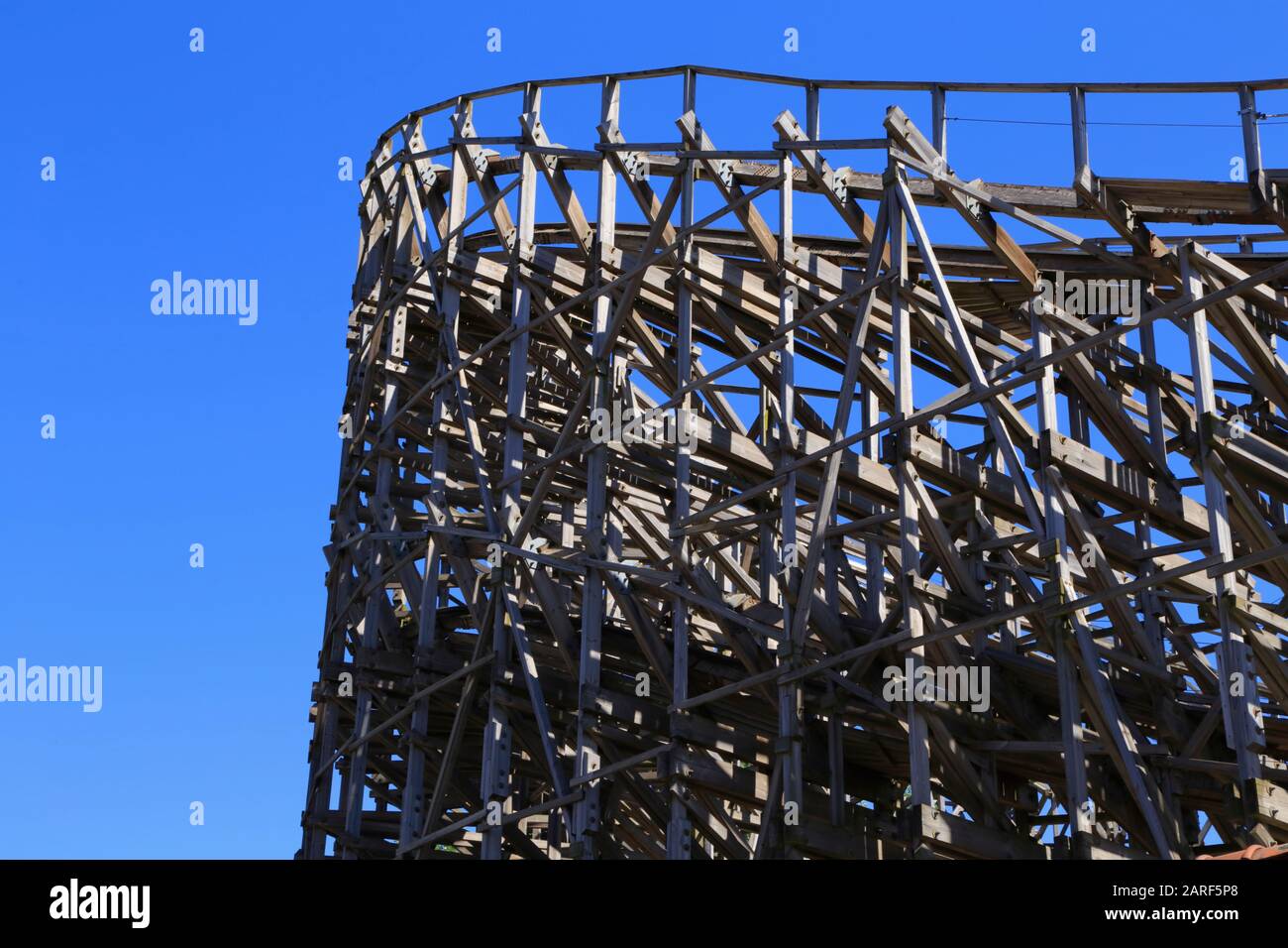 Close up of the wooden roller coaster tracks of Balder amusement ride (constructed by Intamin) in Liseberg theme park in Gothenburg city, Sweden. Stock Photo