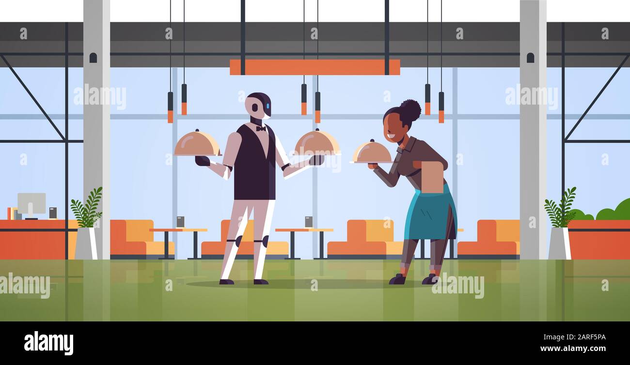 robotic waiter with waitress holding tray with dish robot vs human ...