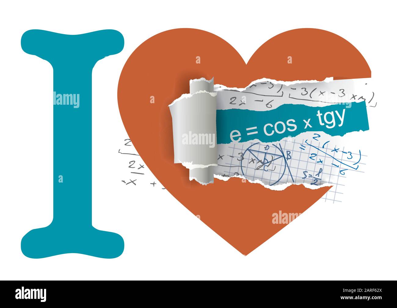 I love mathematics. Torn paper heart with mathematics formulas.Vector available. Stock Vector