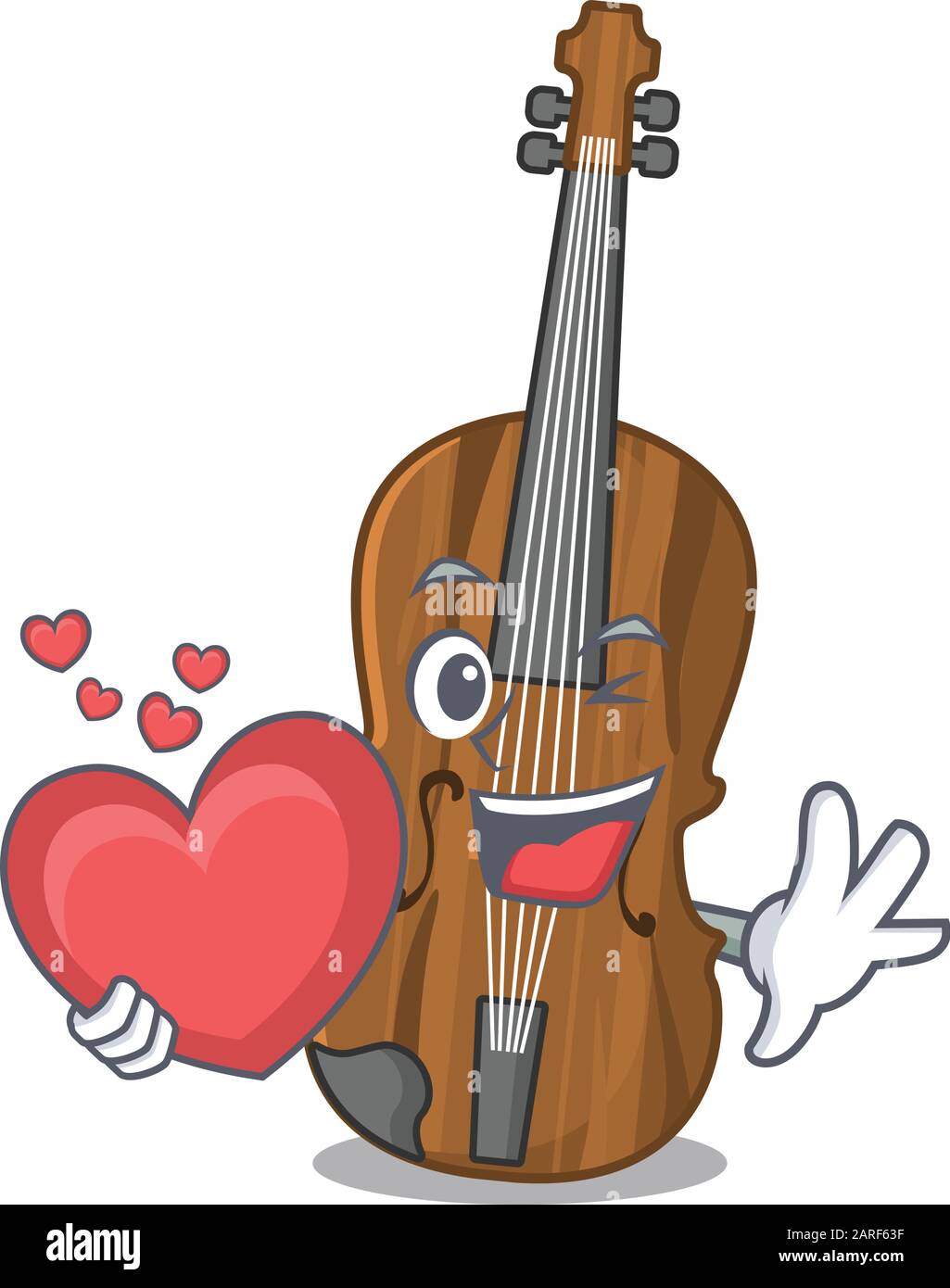 Funny Face violin cartoon character holding a heart Stock Vector Image