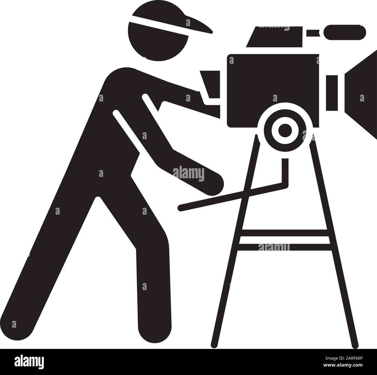 Film industry glyph icon. Cinema business. Cinematography. Operator filming scene. Filmmaking. Moviemaking. Video production. Silhouette symbol. Negat Stock Vector