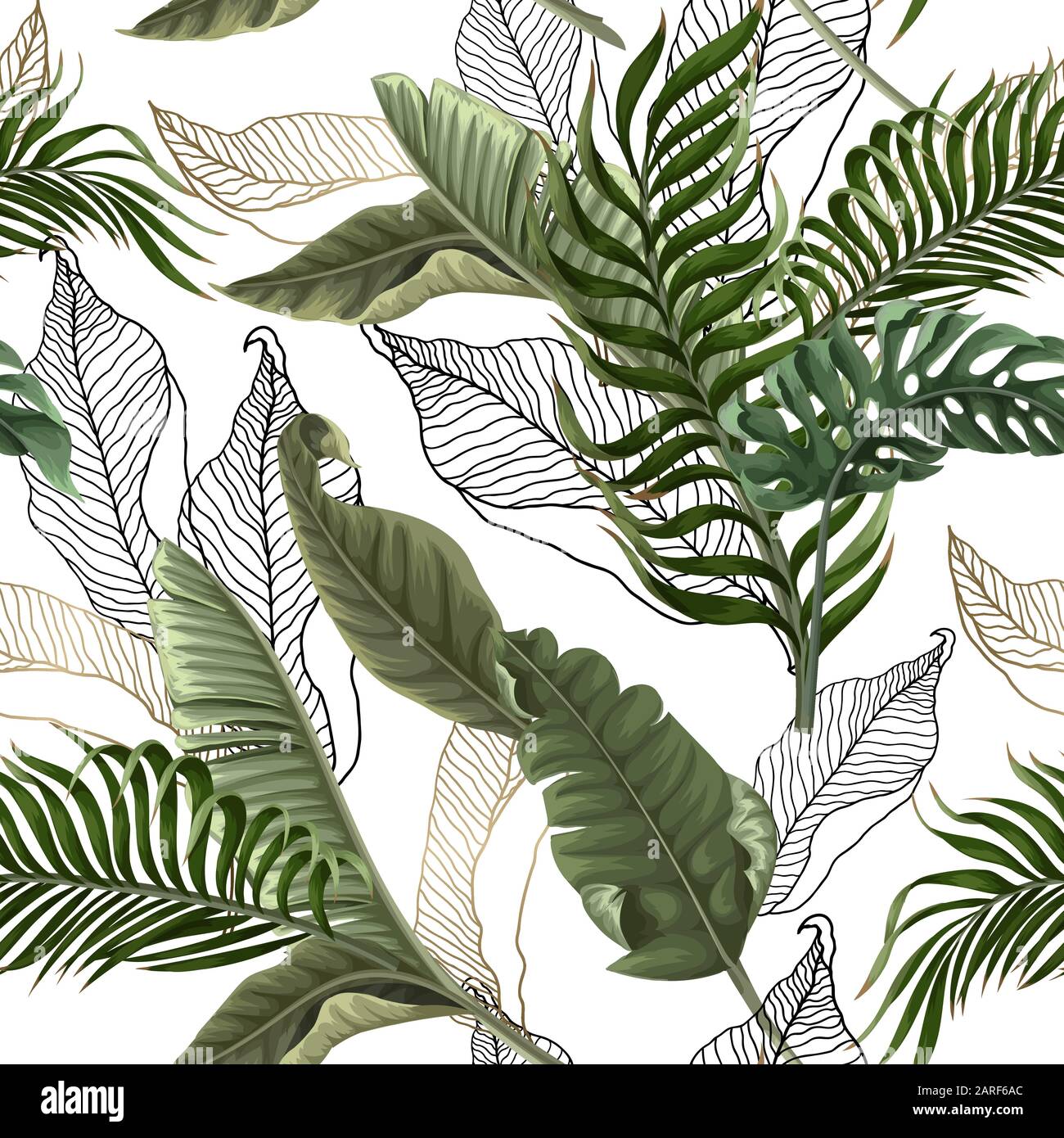 Seamless pattern with tropical leaves on white background. Vector Stock ...