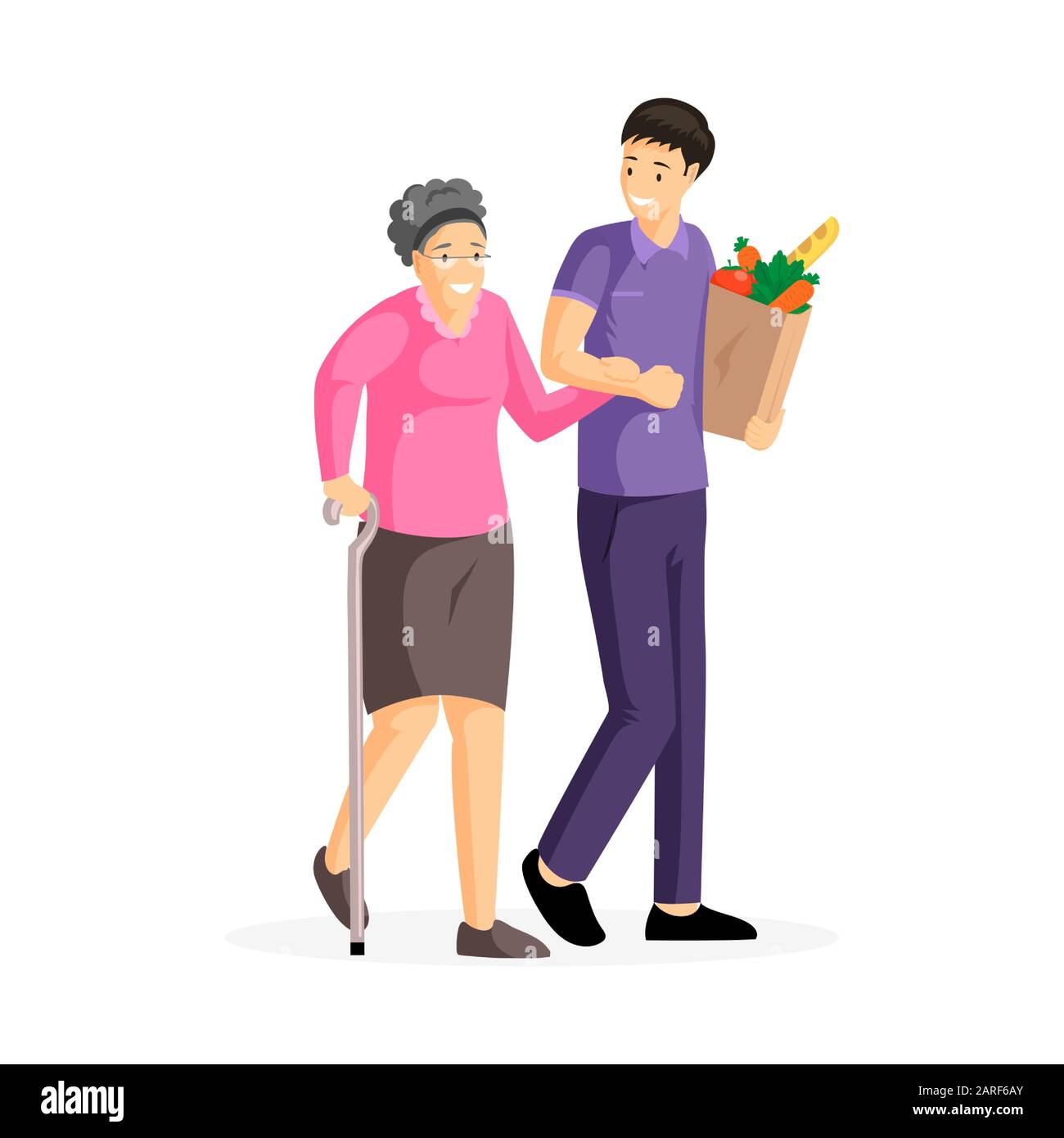 Guy helping old lady vector illustration. Happy aged woman and young volunteer walking together cartoon characters. Son carrying grocery for aged mother, elderly care, family support design element Stock Vector