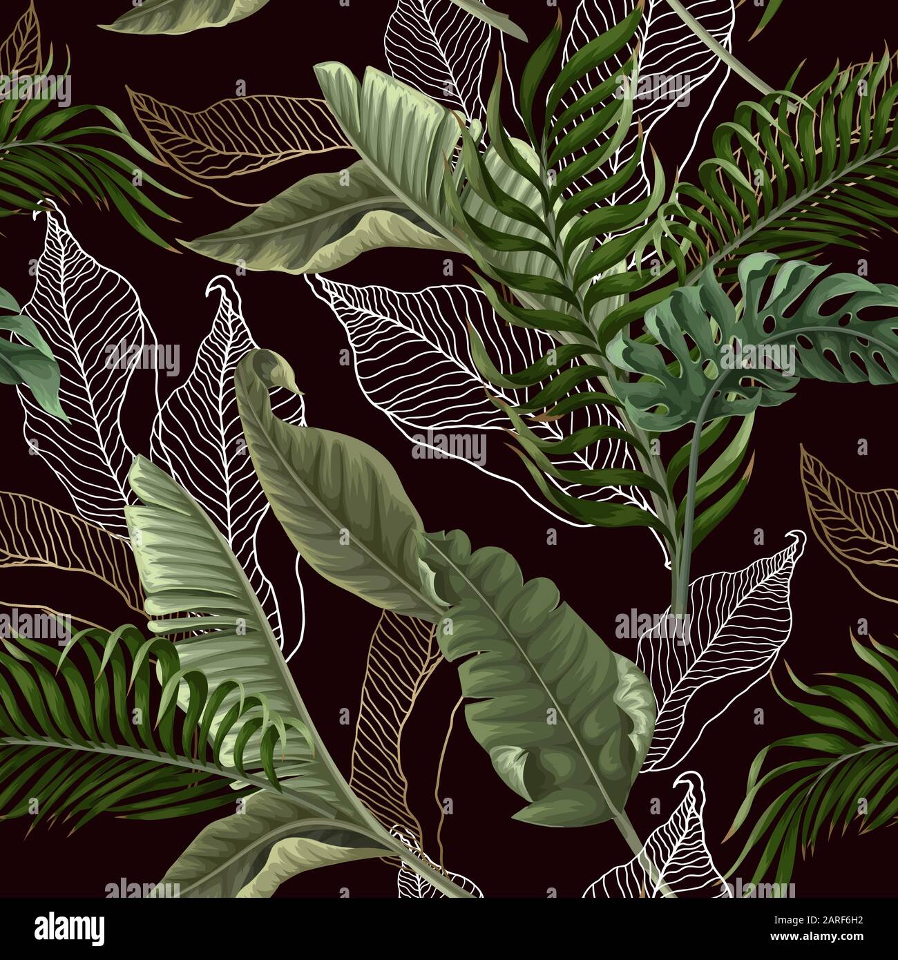 Seamless pattern with tropical leaves on black background. Vector Stock ...