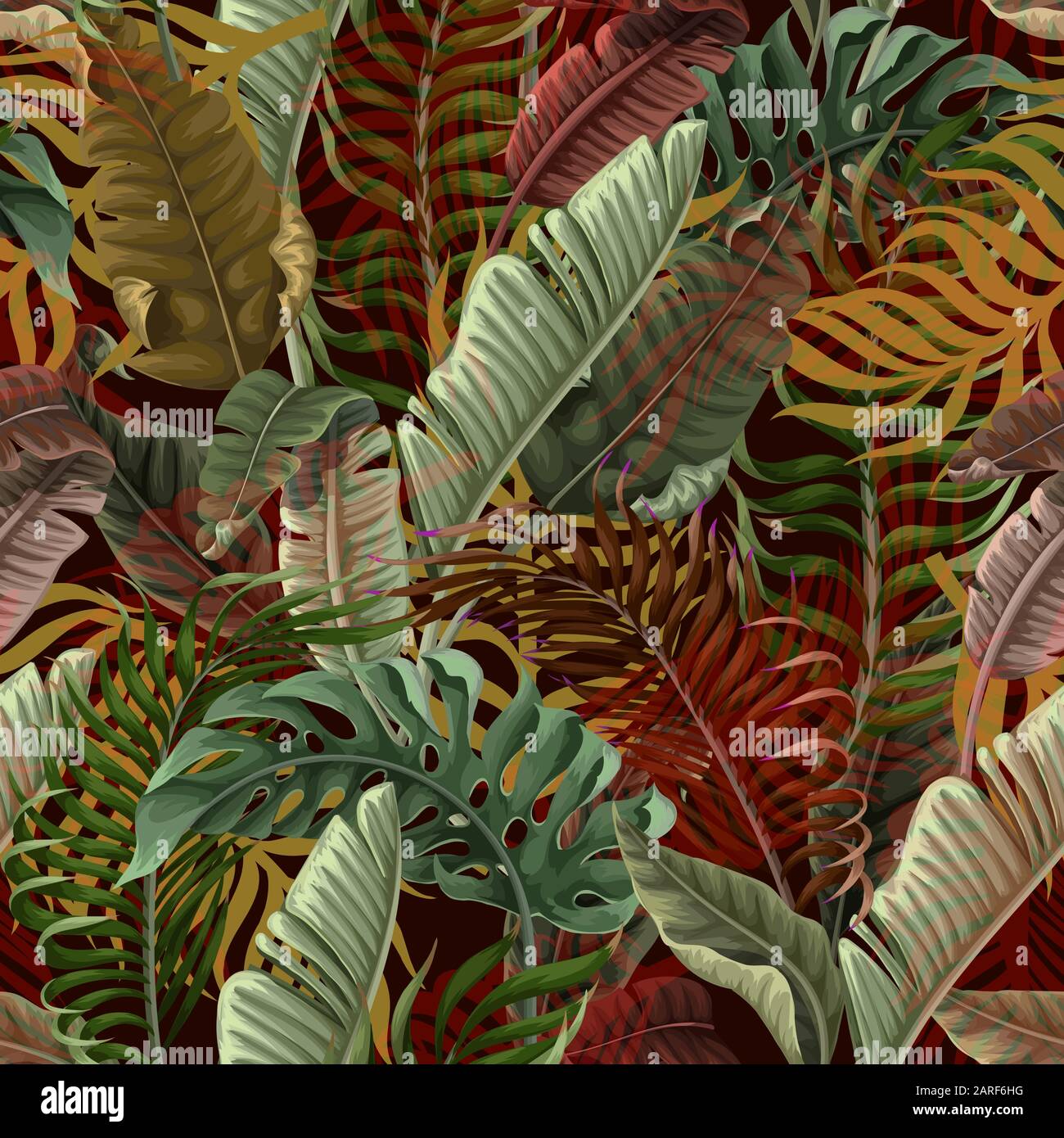 Seamless pattern with tropical leaves on black background. Vector Stock ...