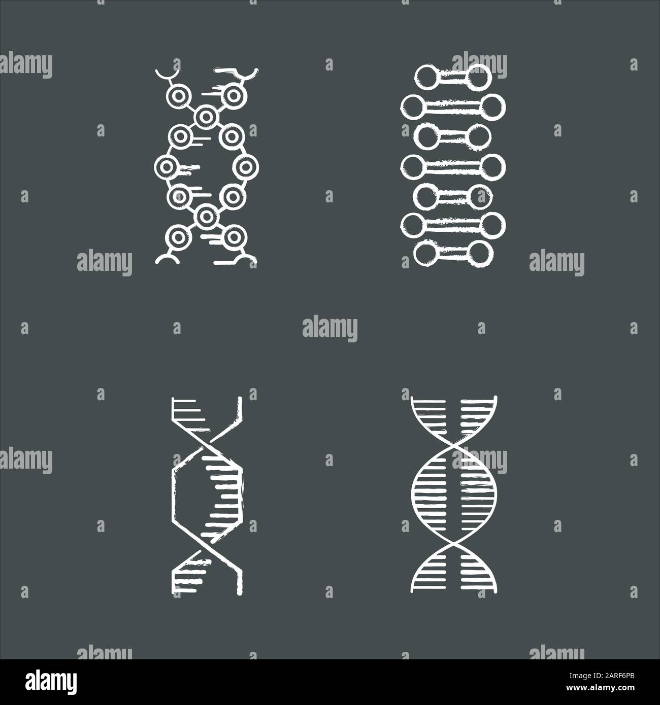 DNA spiral chains chalk icons set. Deoxyribonucleic, nucleic acid helix. Spiraling strands. Chromosome. Molecular biology. Genetic code. Genetics. Med Stock Vector