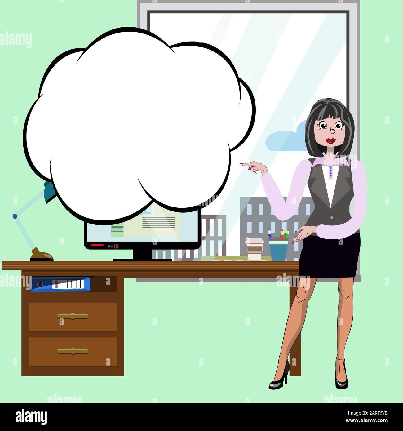 Cute business girl presenting and announces with point hands and speech cloud bubble cartoon vector. Annouice poster for business team and office Stock Vector