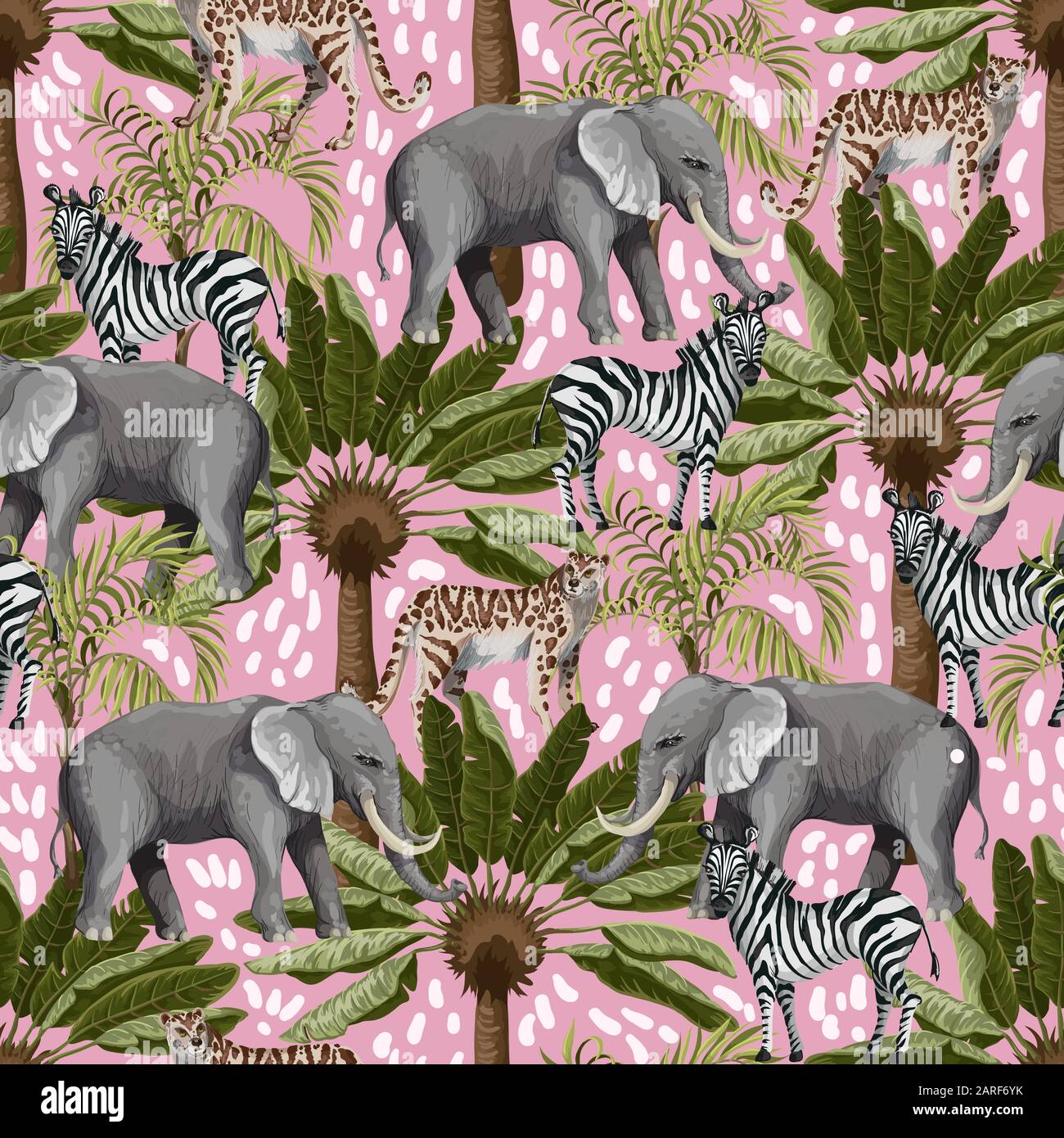 Seamless pattern with elephants, zebras and tropical trees Stock Vector