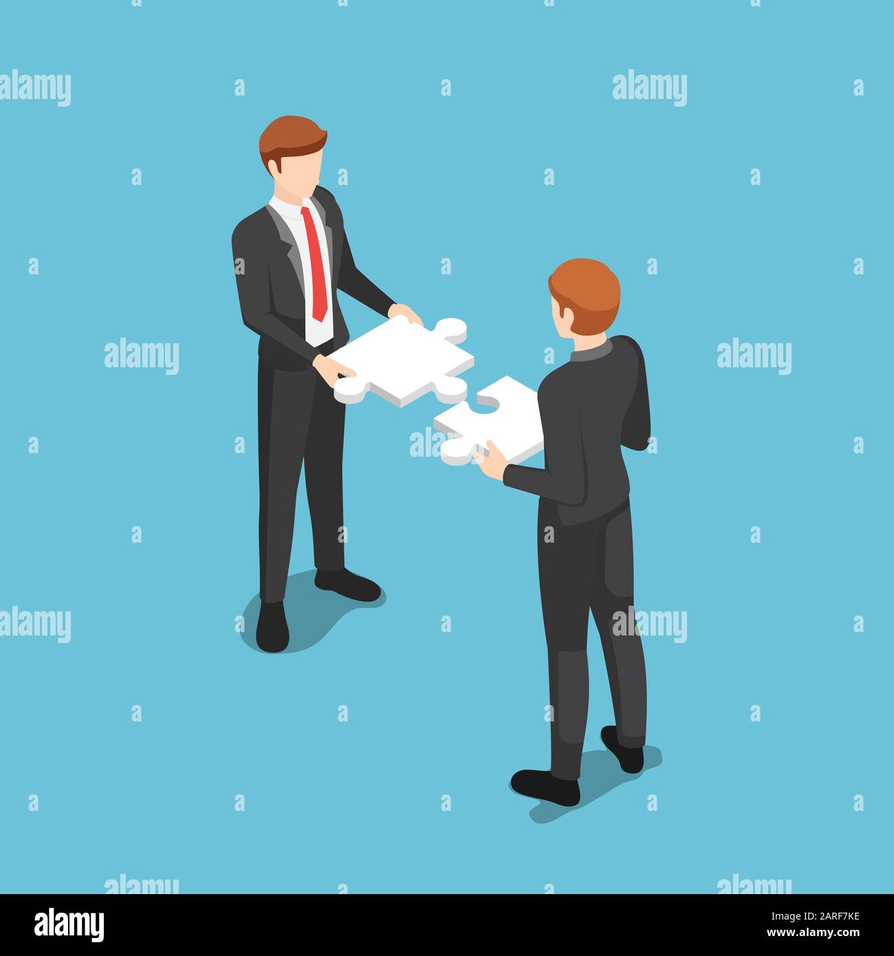Flat 3d isometric business people assembling compatibility jigsaw ...