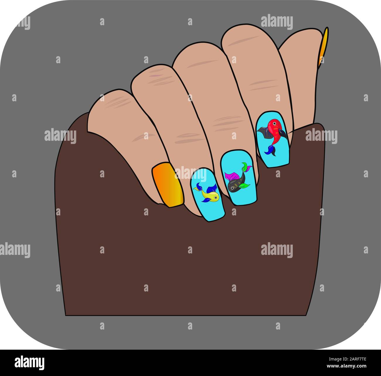 Nails on the hands are painted nail polish. Stock Vector