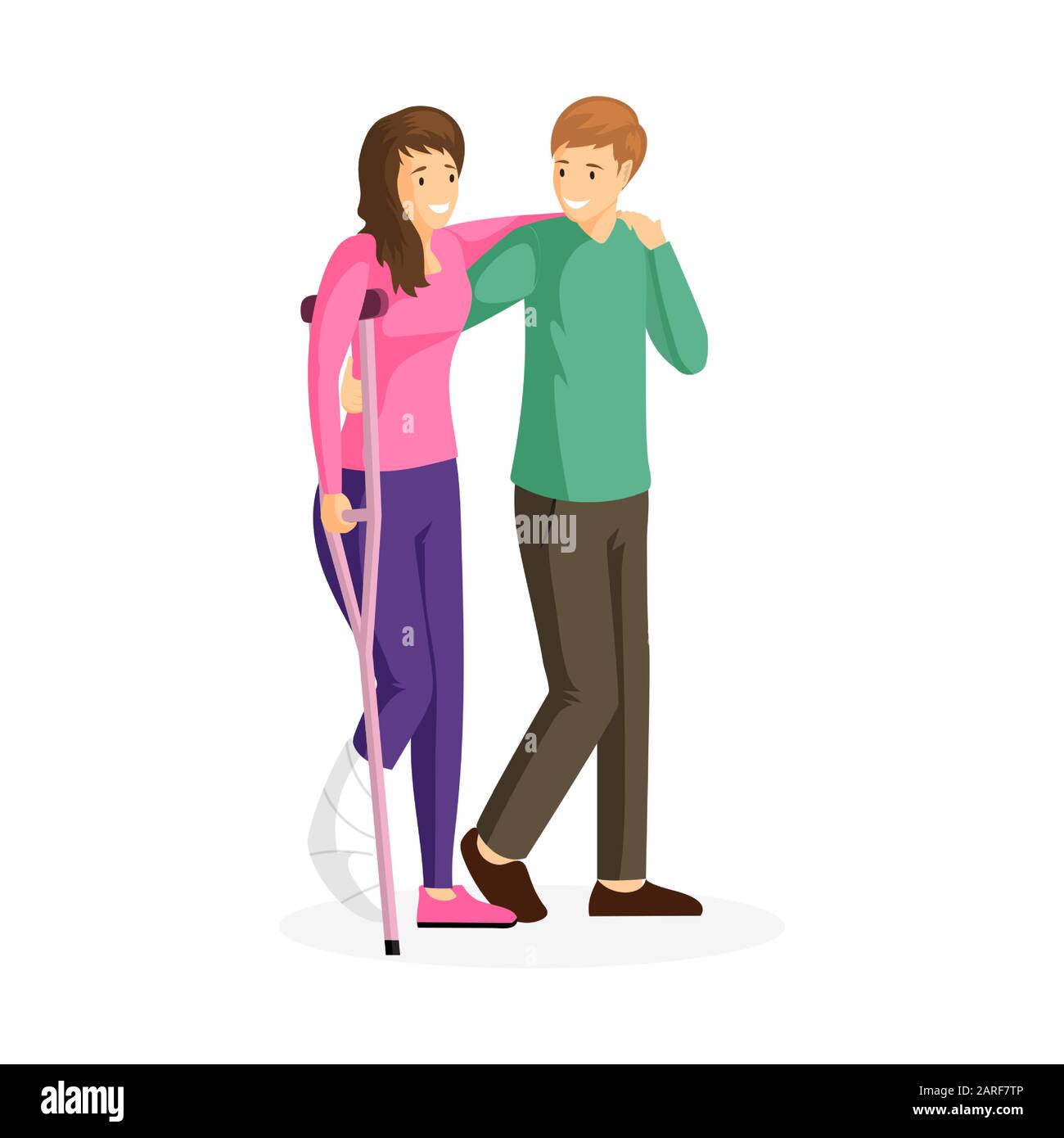 Trauma, injury rehabilitation flat vector illustration. Happy young couple,  smiling man and woman with broken leg cartoon characters. Husband  supporting wife on crutches, voluntary help design element Stock Vector  Image & Art -